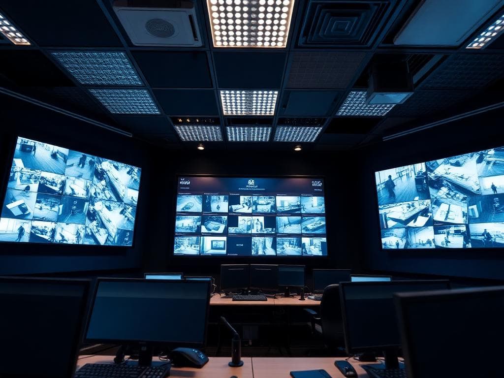Advanced security control room with 24/7 CCTV monitoring and real-time surveillance systems